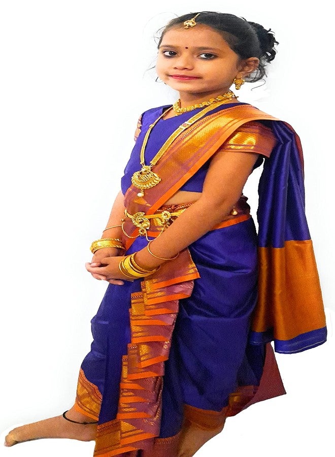 Luster Shahi Mastani Nauvari saree for baby girl Ready-to-wear Traditional belgaon silk paithani border Maharashtrian saree, use for School program, ganpati puja festival (Blue, 15-16 Years) - Image 2